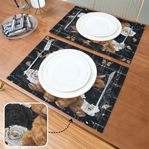 ALAZA Highland Cow Rose Butterfly 1 PC Placemats Rectangle Table Mat for Dining Table Restaurant Kitchen Home Decor, 12" x 18"