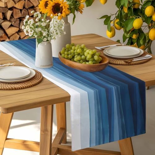 Blue White Ombre Table Runner Dresser Scarf 13 x 72 Inch Abstract Gradient Ocean Waves Modern Stripe Table Runners Non-Slip Heat Resistant Kitchen Dining Table Decor for Home Holidays Indoor Outdoor