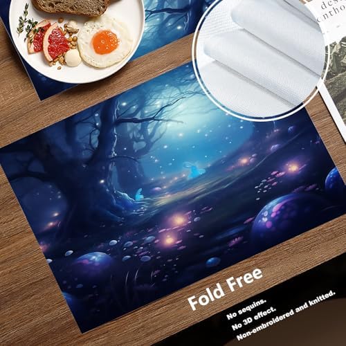 Batmerry Night Forest Glowing Elements Linen Placemats Set of 6, Mysterious Night Forest Scene Washable Table Mats for Kitchen Table Thickened Heat Insulation Dining Set Indoor Outdoor 12X18 in