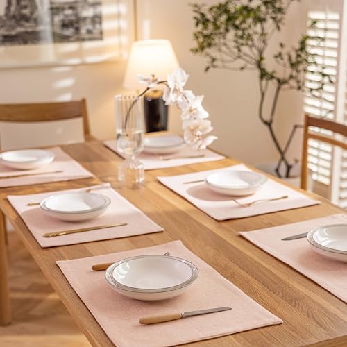 Demetex Pink Placemats Set of 6 Heat Resistant Linen Place Mats Washable Cloth Plate Mats for Dining Party Banquet Table Decorations, 13 x 19 inch, Pink