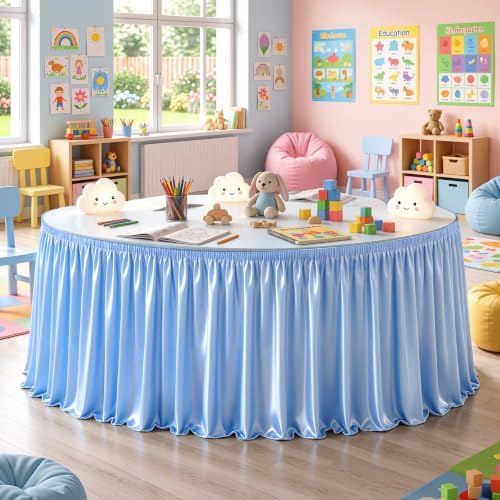 Wish Care 14ft Baby Blue Satin Table Skirt for Rectangle Tables Wrinkle Free Teacher Desk Skirt Glitter Ruffle Table Skirting Cloth for Back to School Classroom Office Dorm Birthday Party Table Decor