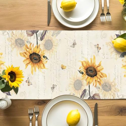 Farmhouse Sunflower Table Runner Dresser Scarf 13 x 108 Inch Vintage Yellow Flower Butterfly Botanical Table Runners Non-Slip Heat Resistant Kitchen Dining Table Decor for Home Holidays Indoor Outdoor