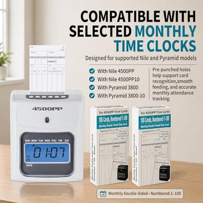 100 Pack Time Cards for Nile 4500PP/4500PP10 & Pyramid 3800/3800-10 Clocks