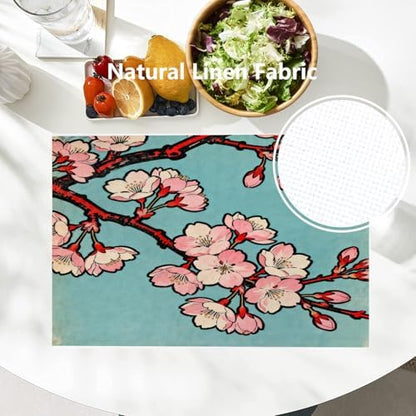 Batmerry Shabby Chic Cherry Blossom Linen Placemats Set of 8, Pink Floral Turquoise Background Washable Table Mats for Kitchen Table Thickened Heat Insulation Dining Set Indoor Outdoor 12X18 in