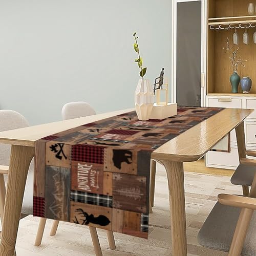 Rustic Cabin Moose Deer Bear Table Runner, Retro Bear Cottage Country Style Cabin Farmhouse Dinner Runner for Home Kitchen Dining Table Decoration 13"x90"