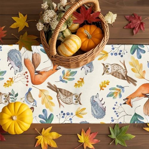 Fall Table Runner Autumn Animal Table Runners Harvest Thanksgiving Owl Bird Fox Leaves Cotton Linen Dresser Scarf Kitchen Dining Table Decor for Autumn Holiday Party Coffee 13x72 Inch