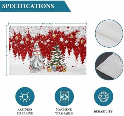 Christmas Gnome Placemats Set of 6, Winter Merry Christmas Tree Balls Heat Resistant Washable Table Place Mats Red Cotton Table Linens Party Holiday Decor for Kitchen Dining Outdoor Indoor