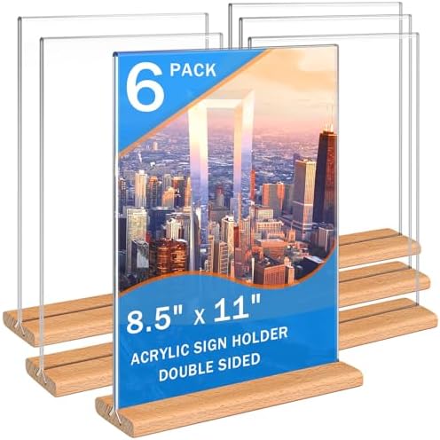 Kersally Acrylic Sign Holder 8.5 x 11, 6 Pack Double-Sided Clear Table Display Stands with Wood Base,Vertical Acrylic Frame Menu Flyer Paper Holder for Stores, Restaurants, Hotels, Office, Show Fair