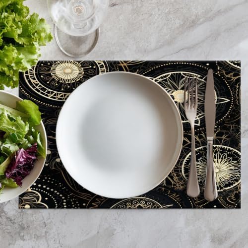 Batmerry Circular Patterns Floral Designs Placemats, Black and Gold Decorative Patterns Washable Linen Table Mats for Kitchen Table Double Insulation Decor Dining Set Indoor Outdoor 12X18 in Set of 6