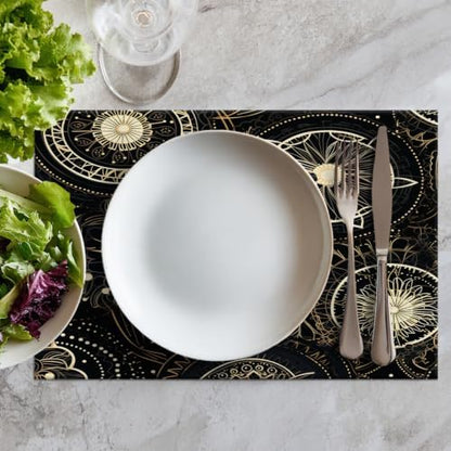 Batmerry Circular Patterns Floral Designs Placemats, Black and Gold Decorative Patterns Washable Linen Table Mats for Kitchen Table Double Insulation Decor Dining Set Indoor Outdoor 12X18 in Set of 6
