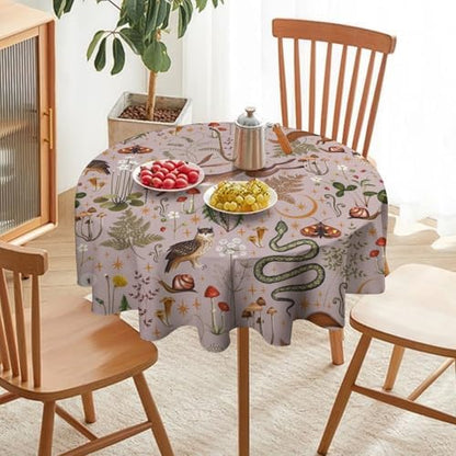 Rustic Forest Tablecloth, Pink Woodland Wild Animal Hare Squirrel Owl Snail Flowers Mushroom Table Cloth for Home Kitchen Dining Outdoor Patio Wedding Decor, 70x70in