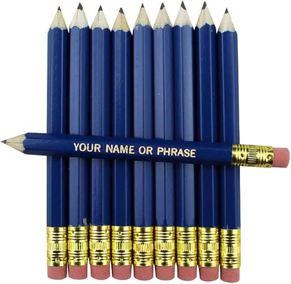 EZPENCILS & GIFTS - Golf Pencils Tipped with Eraser (1/2 a Pencil - Pew Pencils) - Dark Blue Colored Barrel - FREE-PERSONALIZATION - 2HB Black Lead - Custom Text - Non-Smear Eraser – Package of 20