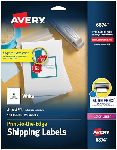 Avery® Print-to-the-Edge Printable Shipping Labels, 3" x 3.75", Matte White, Sure Feed® Technology, Laser & Inkjet Compatible, 150 Blank Labels, Great for Mailing, Branding, and More (6874)