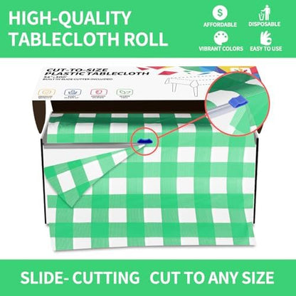 CXPSINC 54 Inch X 300 Feet Plastic Table Cover Roll Disposable Tablecloth with Slide Cutter for All Type/Shape Tables | Party, Banquet, Birthdays, Weddings(Green Checkered, 300 Feet)