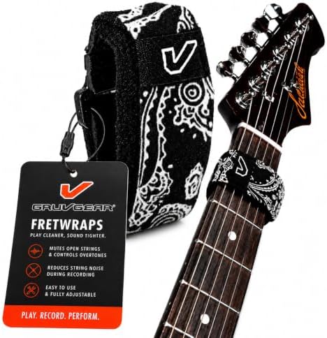 Gruv Gear Fret Wrap & Guitar Mute, Fretwrap for Acoustic, Electric & Bass | String Dampener Recording, Tapping & Practice Accessory (1 Pack, Large Bandana Black, Fits 6 String Bass, 8 String Guitar)
