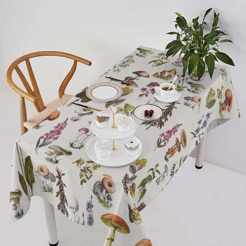 Vintage Botanical Tablecloth, Rustic Plants Herbs Mushroom Nature Wildflower Table Cloth for Outdoor Patio Party Picnic Wedding Indoor Kitchen Dinner Table Decor 60x120in
