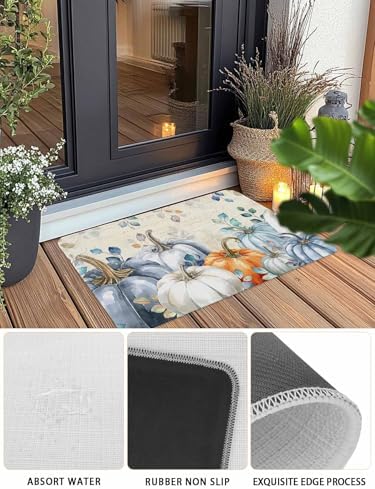 Fall Door Mat Blue Pumpkin Doormat Eucalyptus Leaves Branch Harvest Thanksgiving Welcome Mat Non Slip Rubber Entryway Front Rug Floor Mat for Indoor Outdoor Kitchen Autumn Holiday Home Decor 16x24
