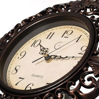 Clockswise 11" Classic Round Decorative Hanging Wall Clock with Ornate Floral Scroll Frame in Vintage Distressed Finish for Home Entryway Living Room Bedroom Kitchen Office Hotel & Restaurant, Brown