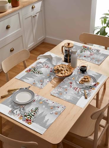 Christmas Gnome Placemats Set of 4, Winter Merry Christmas Tree Balls Heat Resistant Washable Table Place Mats Grey Cotton Table Linens Party Holiday Decor for Kitchen Dining Outdoor Indoor