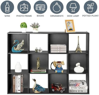 SUPER DEAL 12 Cube Storage Organizer, Open Shelf Bookcase, Wood Cubical Shelves Closet Cabinet Display Unit with 6 Removable Back Panels for Living Room Bedroom, 47 inch Wide, Black