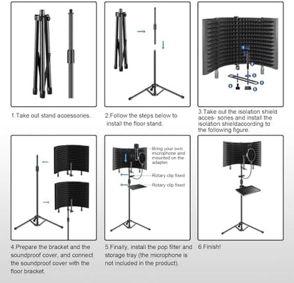 Professional Studio Recording Microphone Isolation Shield, Pop Filter,High density absorbent foam is used to filter vocal. Suitable for Blue Yeti and other condenser microphones (AO-504 With Stand)