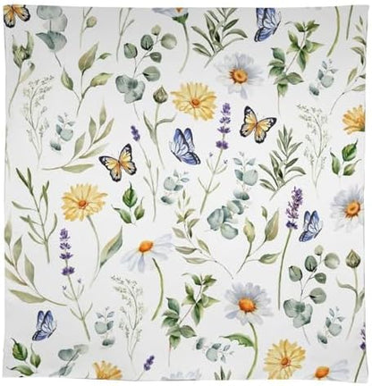 Watercolor Wildflowers Tablecloth, Summer Daisy Lavender Eucalyptus Branches Leaves Print Table Cover for Tea Party Weddings Indoor Outdoor Dining 60x120in
