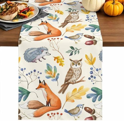 Fall Table Runner Autumn Animal Table Runners Harvest Thanksgiving Owl Bird Fox Leaves Cotton Linen Dresser Scarf Kitchen Dining Table Decor for Autumn Holiday Party Coffee 13x36 Inch
