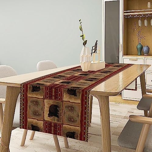Rustic Bear Table Runner, Retro Vintage Bear Country Cabin Cottage Pine Tree Dinner Table Decoration for Home Kitchen Dining 13"x60"