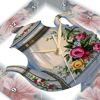 3dRose Wall Clock Silent - 13 inch - Victorian Flower Teapot On Blue Pink Floral Background - Victorian Images
