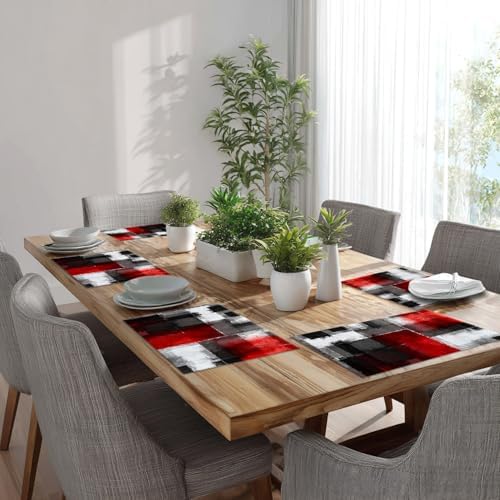Batmerry Abstract Art Colorful Painting Linen Placemats Set of 8, Modern Art Black and Red Washable Table Mats for Kitchen Table Thickened Heat Insulation Dining Set Indoor Outdoor 12X18 in