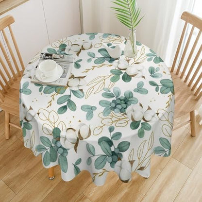 Cotton Flowers Tablecloth, Watercolor Summer Green Golden Eucalyptus Leaves Floral Print Table Cloth for Outdoor Picnic Home Dining Kitchen Table Decor, 70x70in