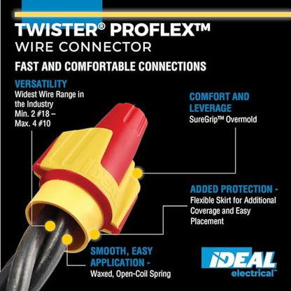 Ideal Electrical Twister Proflex (30-1147P) Red/Yellow Wire Connector - Smooth Twist-On Wire Nuts for 22 to 8 AWG with Comfort SureGrip and Flexible Skirt - Jar of 100