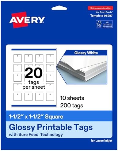 Avery® Printable Square Tags, Sure Feed® Technology, 1-1/2" x 1-1/2", Glossy White Cardstock, Print-To-The-Edge, Laser/Inkjet Printable, 200 Total, Great for Custom Gift or Branding Tags
