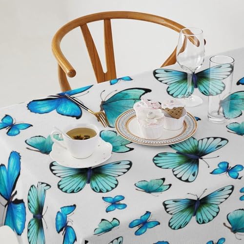 Blue Butterfly Tablecloth, Cute Animal Green Teal Butterfly Fantasy Wings Print Table Cover for Home Kitchen Outdoor Party Picnic Wedding Decor 60x120in