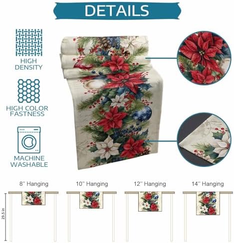 Christmas Poinsettia Table Runner Dresser Scarf 13 x 36 Inch Red Flower Holly Berries Xmas Ball Beige Table Runners Non-Slip Heat Resistant Kitchen Dining Table Decor for Home Holidays Indoor Outdoor