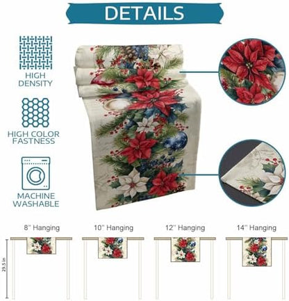 Christmas Poinsettia Table Runner Dresser Scarf 13 x 36 Inch Red Flower Holly Berries Xmas Ball Beige Table Runners Non-Slip Heat Resistant Kitchen Dining Table Decor for Home Holidays Indoor Outdoor