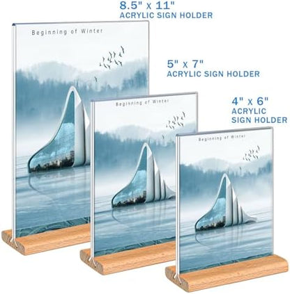 Kersally Acrylic Sign Holder 8.5 x 11, 6 Pack Double-Sided Clear Table Display Stands with Wood Base,Vertical Acrylic Frame Menu Flyer Paper Holder for Stores, Restaurants, Hotels, Office, Show Fair