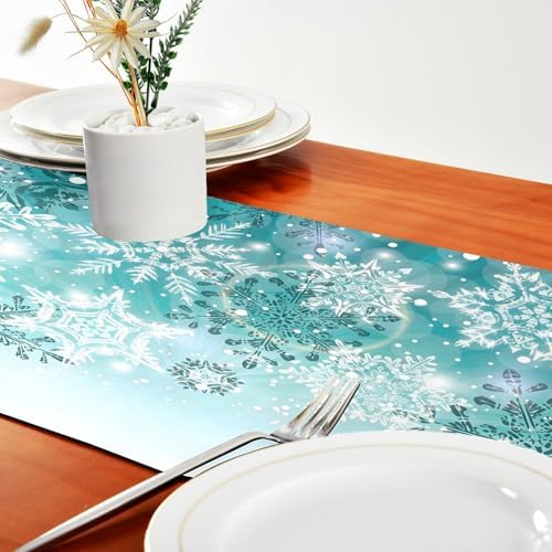 Double-Sided Silver Winter Teal Turquoise Snowflakes Christmas Table Runner 18x72 Inches Long,Table Cloth Runner for Wedding Birthday Party Kitchen Dining Home Everyday Decor