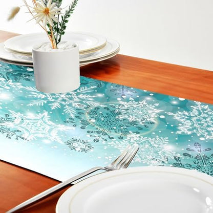 Double-Sided Silver Winter Teal Turquoise Snowflakes Christmas Table Runner 18x72 Inches Long,Table Cloth Runner for Wedding Birthday Party Kitchen Dining Home Everyday Decor