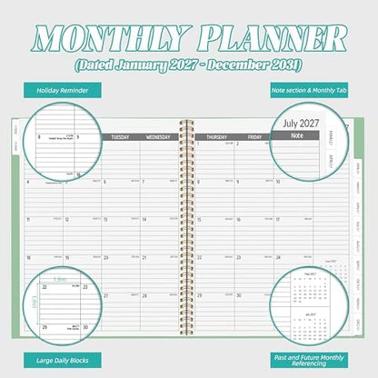 2027-2031 Monthly Planner, 5 Year Monthly Planner/Calendar 2027-2031, 60-Month Jan 2027 – Dec 2031, 9" x 11", Tabs, Double-Side Pocket, Holidays, Thick Paper - Green