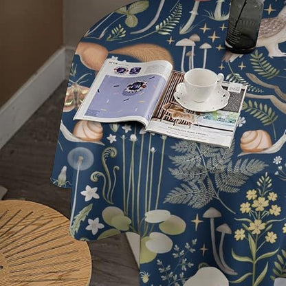 Fairy Forest Tablecloth, Retro Dark Blue Woodland Wildlife Owl Squirrel Print Rustic Flowers Mushrooms Table Cloth for Outdoor Picnic Home Dining Kitchen Table Decor, 50x50in