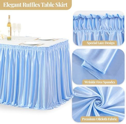 Wish Care 21ft Baby Blue Satin Long Table Skirt for Rectangle Tables Wrinkle Free Teacher Desk Skirt Glitter Ruffle Table Skirting Cloth for Back to School Classroom Office Birthday Party Table Decor
