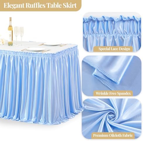 Wish Care 14ft Baby Blue Satin Table Skirt for Rectangle Tables Wrinkle Free Teacher Desk Skirt Glitter Ruffle Table Skirting Cloth for Back to School Classroom Office Dorm Birthday Party Table Decor