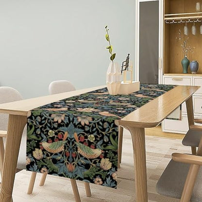 William Morris Floral Table Runner, Strawberry Thief Birds in Green and Blue Table Runner for Home Kitchen Dining Table Decoration,13x120 Inch