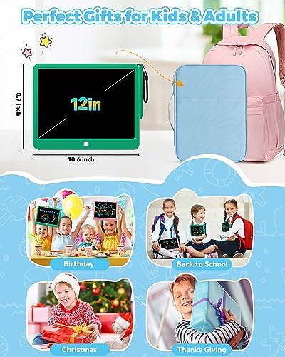 KOKODI 12 Inch LCD Writing Tablet with Anti-Lost Stylus Erasable Doodle Board Colorful Toddler Drawing Pad Car Travel School Games Toys for 3 4 5 6 7 8 Kids Birthday Gift for Girls Boys Adults Green