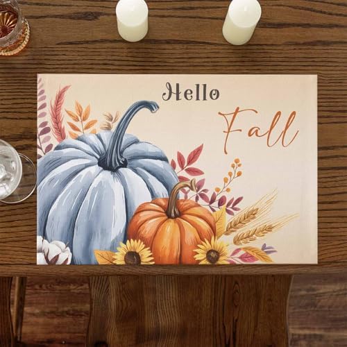 Fall Placemats Set of 6, Hello Fall Pumpkin Place Mats Maple Leaves Sunflower Bird Tablemats Harvest Thanksgiving Placemat Table Decoration for Kitchen Table Holiday Dinner Party Autumn Home Decor
