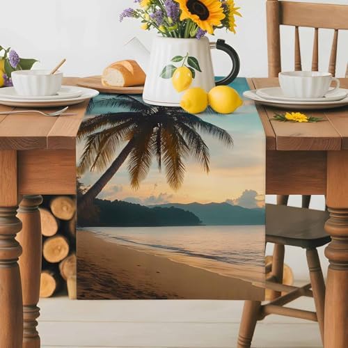 Sunset Beach Table Runner Dresser Scarf 13 x 60 Inch Tropical Coastal Ocean Palm Tree Nautical Table Runners Non-Slip Heat Resistant Kitchen Dining Table Decor for Home Holidays Indoor Outdoor