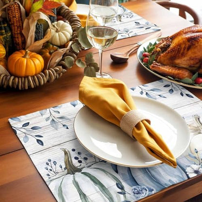 Fall Placemats Set of 4, Blue Pumpkin Place Mats White Blue Pumpkins Eucalyptus Wooden Tablemats Harvest Thanksgiving Placemat Table Decoration for Kitchen Table Holiday Dinner Party Autumn Home Decor