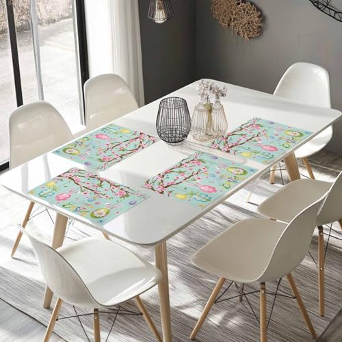 Happy Easter Placemats Set of 4, Spring Floral Bunny Rabbit Ear Eggs Heat Resistant Dining Table Mats Holiday Farmhouse Decor for Kitchen&Linens Outdoor Indoor, Pink Flower Branch Green Leaves