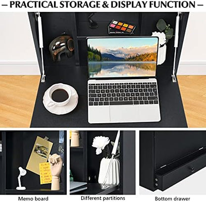 COSTWAY Wall-Mounted Computer Desk, Floating Desk with Storage Drawer & Shelves, Fold-up Desktop & Pneumatic Springs, Ideal for Home, Office, Dormitory, Small Spaces (Black)